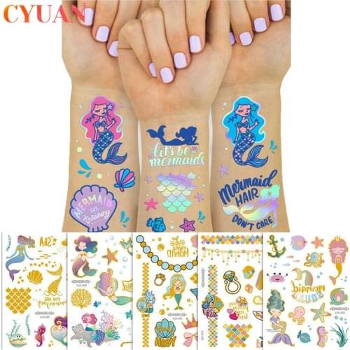 Mermaid Bronzing Cartoon Glitter Tattoo Stickers Metallic Gold Body Art Temporary Tattoos Children Tattoos Kids Party Supplies