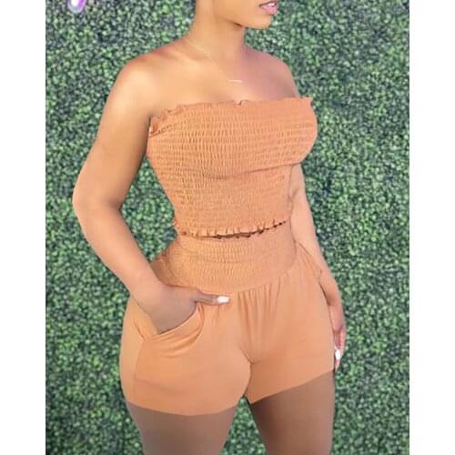 S-2XL Summer Fashion Casual Bandeau Shirred Top & Pocket Design Shorts Set Oversized Holiday Sexy Clothings Womens Two Pieces