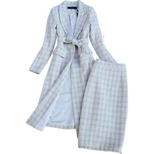 Set Fashion plaid retro woolen suit autumn and winter new fashion slim long-sleeved tweed plaid coat suit + skirt two-piece