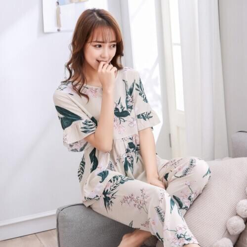 Spring New Women Pajama Set Cotton Short-sleeved Trousers Two-piece Suit Pyjamas