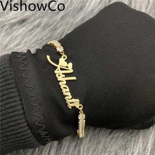 VishowCo Custom Name Bracelet Personalized Stainless Steel Zircon Chain Nameplate Name Bracelet Gold Choker Mother Gift