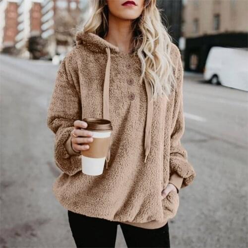 Fashion Plus Size 5XL Women Plush Hooded Sweatshirt Autumn Winter Long Sleeve Pocket Causal Hooded Button Warm Sweatshirt Female