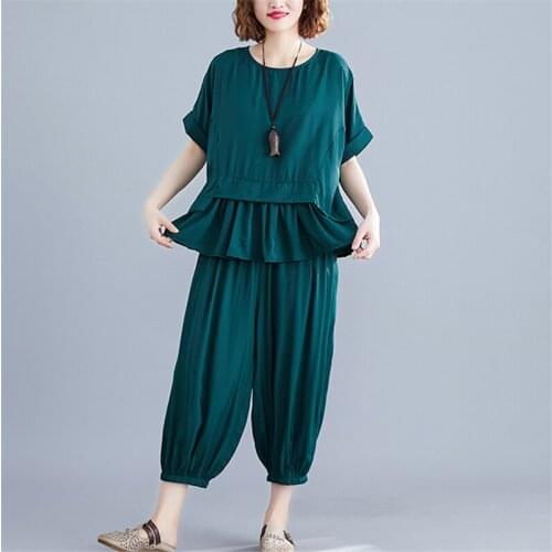 Plus Size Suit Female 2020 Summer New Round Neck Short-Sleeved Top + Loose Nine-Point Pants Fashionable High-End Two-Piece Suit