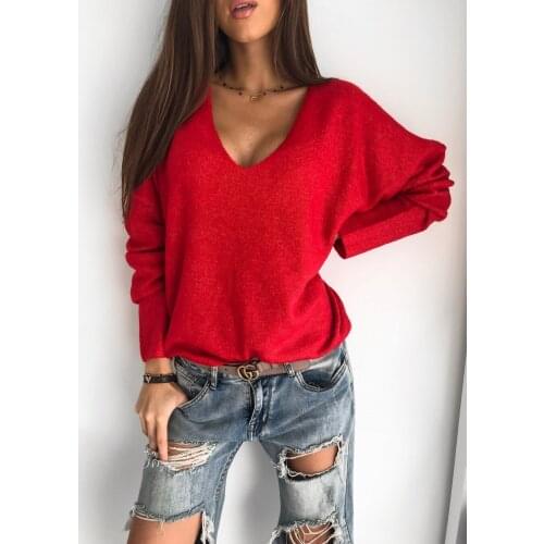 Women Casual Loose Knitted Top Long Sleeve V-neck Solid Color Pullover Multiple Color Hoodies Oversized Women Casual Tanks Tops