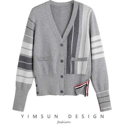 2021 autumn and winter new college style tbb striped jacquard four-bar v-neck cardigan sweater for men and women
