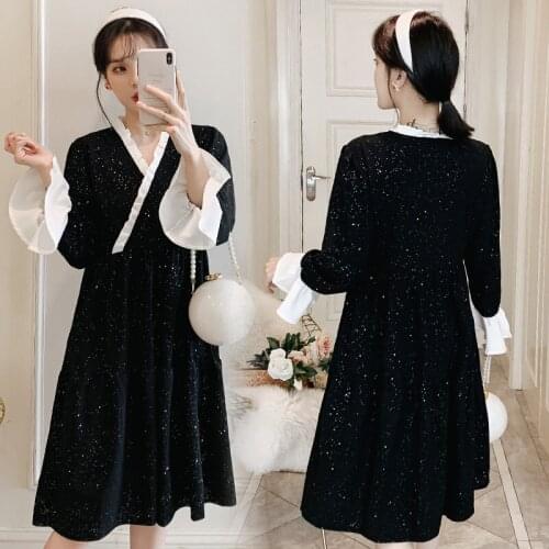 1027# Maternity Clothes Spring Autumn V Neck Long Sleeves Easy Matching Loose Stylish Dress for Pregnant Women Mom Dress