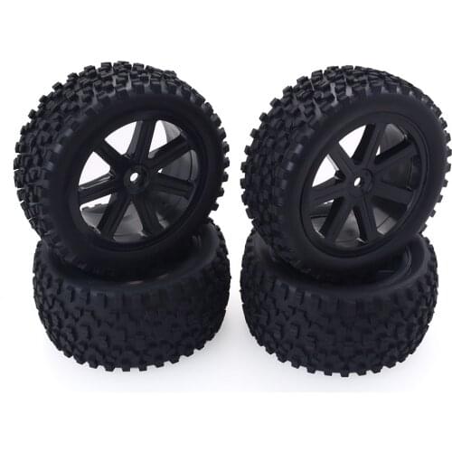 4pcs Black Front Rear Pentagram Plastic Wheel Rims + High Grip Rubber Tires Tyres for RC 1:10 Off-Road Car Buggy