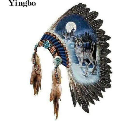 5D DIY Diamond Painting Wolf Indian Headdress Feathers Picture Diamond Embroidery Mosaic Cross Stitch Kit Rhinestones Craft New
