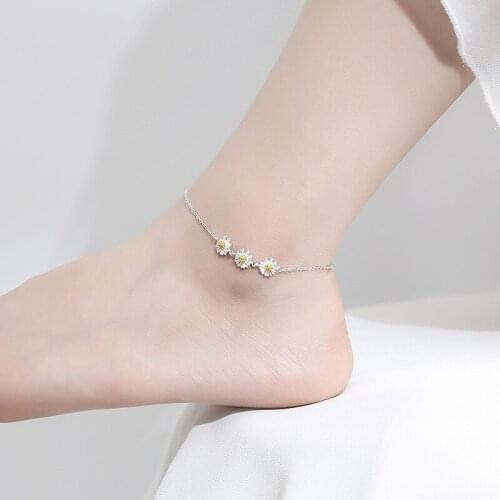 Daisy Flower Bracelet On The Leg Anklets Silver 925 Women Jewelry Leg Chain Fashion 21.5CM Adjustable