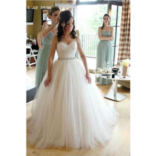 E JUE SHUNG Elegant Simple Wedding Dresses Sweetheart Backless Crystal Sashes Pleat Tulle Boho Wedding Gowns robe de soiree