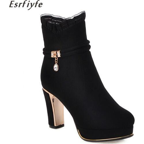 ESRFIYFE 2020 New Winter Autumn Thick with Shoes Womens Boots High-heeled Female Boots Kid Suede Ankle Boots Womens Shoes
