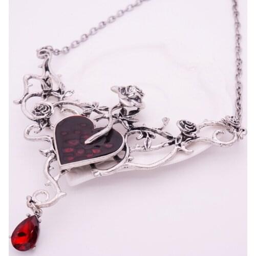 Gothic Red Heart Rose Silver Color Metal Chain Jewelry Vintage Hyperbole Punk