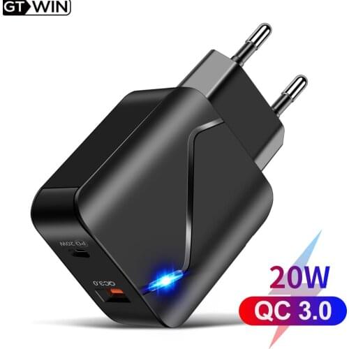 GTWIN For IPhone Samsung Newest High Qulity PD18W QC3.0 USB Mobile Phone Charger Fast Charging Dual Port LED Travel Charger