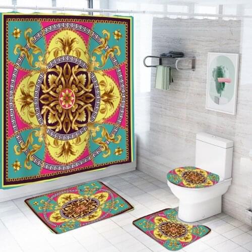 Individuality Hollow Shape Pattern Shower Curtain with Bath Rug Toilet Cover Floor Mat Waterproof Bath Curtain Vintage Style