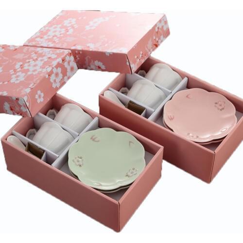 Ceramic Mug Tea Cup Plate Spoon Set Coffee Cups Tumbler Sakura Shape Afternoon Tea Cups Set Petal Coffee Cups Drinkware 6pcs/set