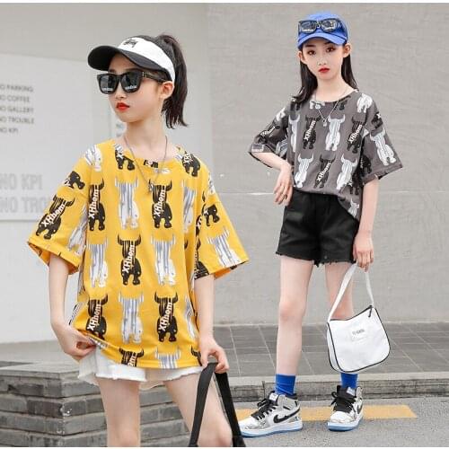 Summer Girls' Casual Short-Sleeved Shildrens Korean T-Shirt Sew Shildrens Slothing Tops Big Childrens Summer Clothing