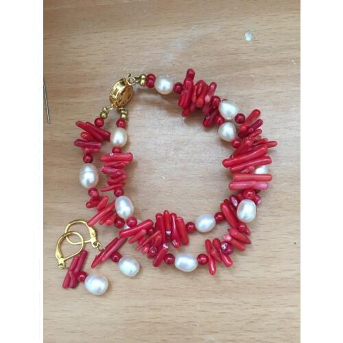 LJHMY Strand Natural Pink Freshwater Pearls Red Coral Branch Women Bracelet and Earrings Set Handmade