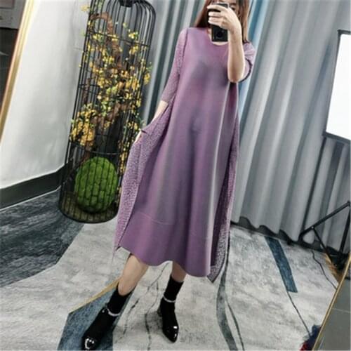 Miyake pleated dress 2021 spring and summer O-neck sleeves fashionable and comfortable stitching womens loose large size drss