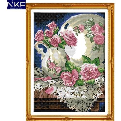 NKF Vase and rose Cross Stitch Kits Embroidery Needlework Sets Handmade 11CT 14CT Chinese Cross Stitch for Christmas Decoration