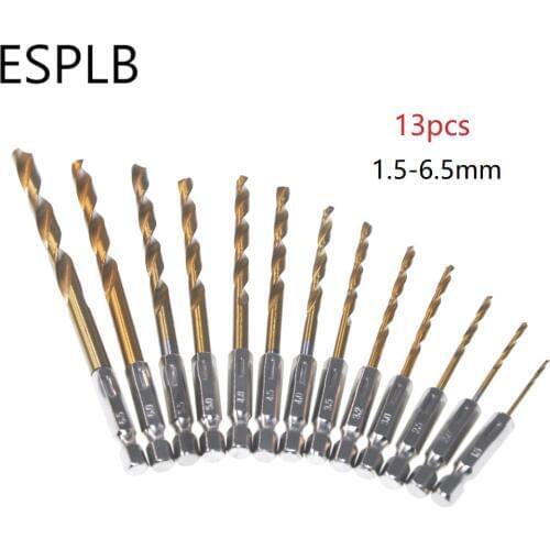 ESPLB 13pcs/Set Titanium Drill Bit 1.5-6.5mm HSS High Speed 1/4 Hex Shank Woodworking Metal Plastic Twist Drilling Tools