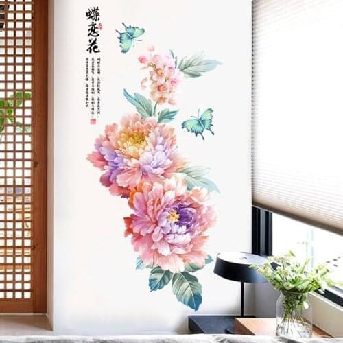 Peony Flower Wall Sticker Butterflies Room Decor Aesthetic Self-adhesive Living Room Decoration Art Bedroom Decals for Furniture