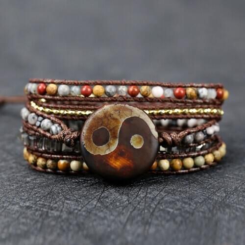 Natural Stones round Taiji pattern Charm 5 Strands Wrap Bracelet Handmade Taoism Energy gas field exorcise evil spirits jewelry