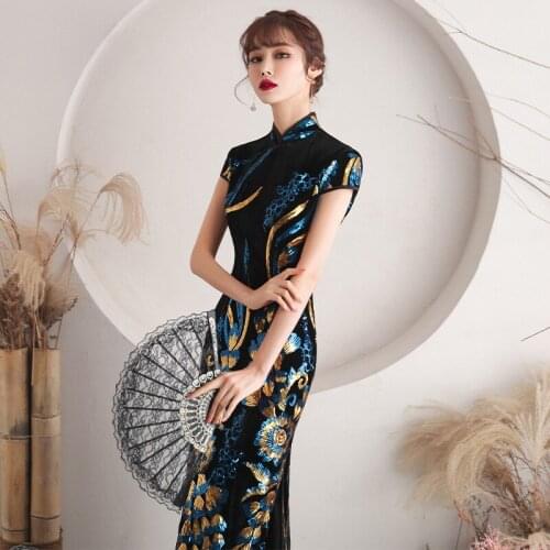 Oversize Velour Sequin Flower Cheongsam Women Slim Velvet Qipao Elegant Evening Party Dress Short Sleeve Vestidos