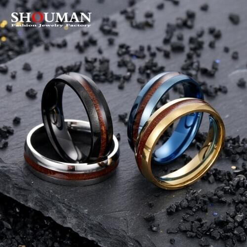 SHOUMAN New 6mm Wooden Simple Elegant Stainless Steel Ring Grain Classical Men Jewelry Party Gift