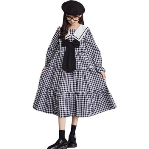 New Autumn Girls Dress 2021 Teen Plaid Dress Big Bow Ruffles Children Baby Clothes Sailor Collar 6 To 16 Years, #6458