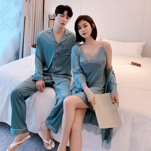 New Lovers Pyjamas Faux Silk Girls Pajamas Full Sleeve Cute Cartoon For Women Sleepwear Sets Summer Pijamas Mujer Men Homewear