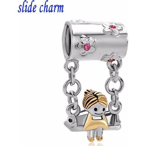 Slide charm Free shipping Cute Mothers Girl Sitting On Swings Dangle Charm beads fit Pandora bracelet
