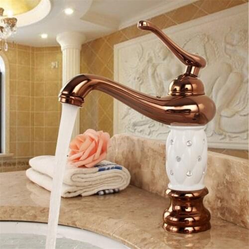 Bathroom Basin Faucets Solid Brass & Diamonds Sink Mixer Hot & Cold Single Handle Deck Mounted Lavatory Taps Rose Gold/White