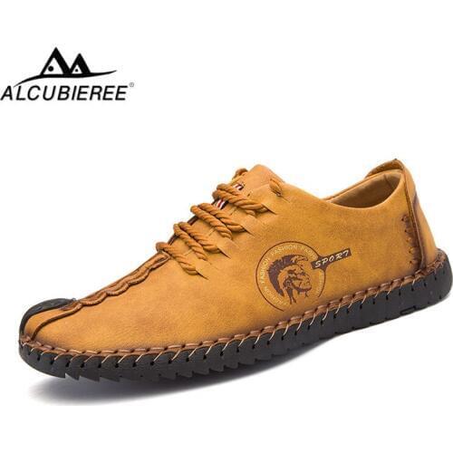 ALCUBIEREE Men Casual Shoes Mens Lace-up Breathable Driving Shoes Vintage Comfortable Handmade Men Boat Shoes Plus Size 38-46