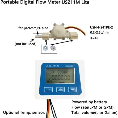 US211M Lite Digital Flowmeter and USN-HS41PE-2 0.2-2.5LPM Hall Effect Flow Sensor Total Volume and Flow Rate Display