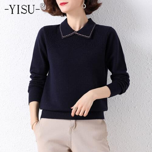 YISU Spring Women Thin Sweater Lapel Spring tops Long sleeve Female Jumper Solid color Casual Loose Knitted pullover 2021 New