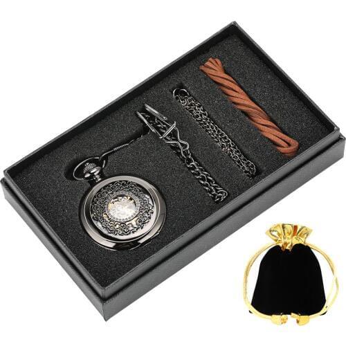 Vintage Luxury Black Metal Mechanical Pocket Watch Smooth Steampunk Hand Winding Clock Set with Gifts Box Bags Leather Pin Chain