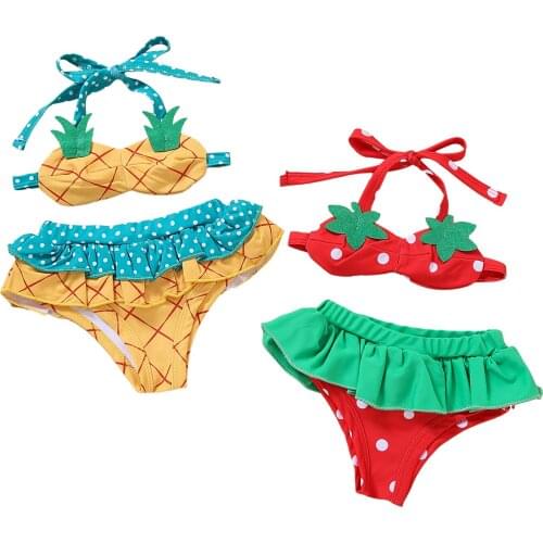 Breathable Little Girls Split Swimsuit, Summer Cute Strawberry/Pineapple Shape Hanging Neck Suspender Top + Flouncing Shorts Set