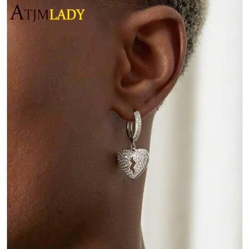 High quality iced out bling 5A cubic zirconia cz hip hop men women jewelry cz lightning bolt heart shaped charm hoop earring