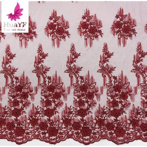 Hot Red Tulle Embroidered Beads Lace Sequins Fabrics For Wedding Dress HY1314