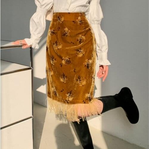 Womens Skirt 2021 New Spring and Autumn French Elegant Retro Temperament Lady Flower Embroidery Tassel Stitching Velvet Skirt