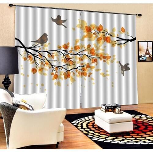 Blackout 3D Window Curtains For Living Room Bedroom Customized size Depicting abstract yellow leaf bird curtain for living