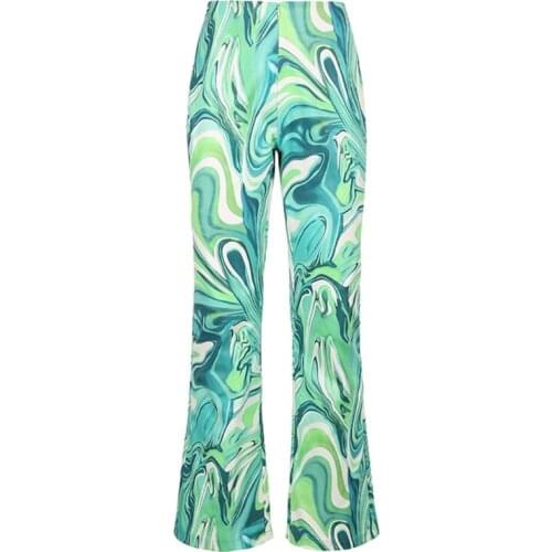 Women Sexy High Waist Skinny Long Pants Green Tie-Dye Ripple Print Flare Hem Bell Bottom Trousers Harajuku Streetwear