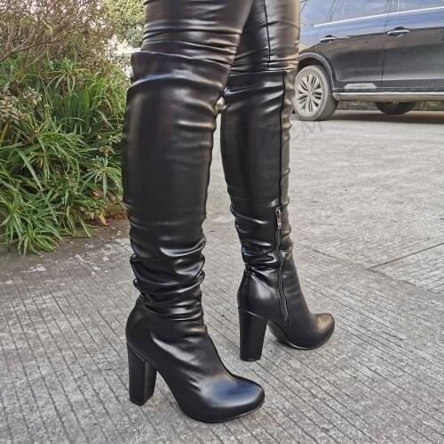 SEIIHEM Women Knee High Heeled Boots Black Faux Leather Side Zip Female Handmade Shoes Woman Donne Stivali Big Size 42 44 50 52