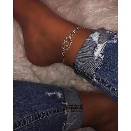 Women rhinestone chain ankle bracelet boho gold silver color double ring barefoot foot jewelry