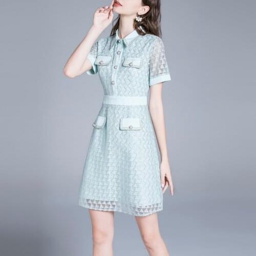 New High Quality Summer Runway Womens Casual Peter Pan Collar Dress Fashion Lace Patchwork A Line Elegant Lady Dress Vestidos