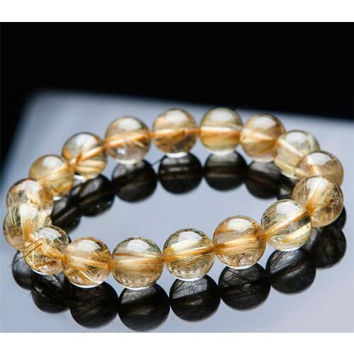 13mm Natural Yellow Gold Hair Titanium Rutilated Quartz Crystal Round Bead Jewelry Man Woman Stretch Bracelet