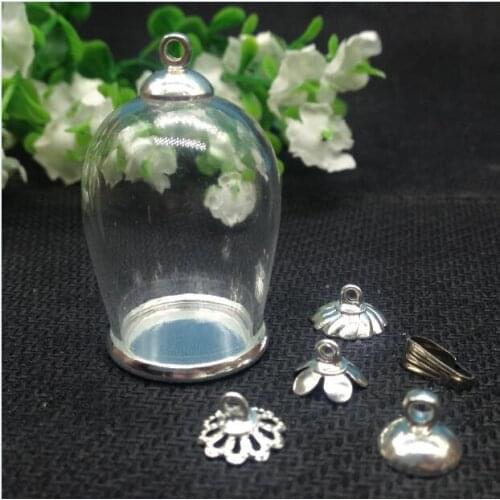 20sets 30x18mm Cloche oval shaped arch wishing bottle jar silver color flat bottomed tray Christmas vial pendant glass globes