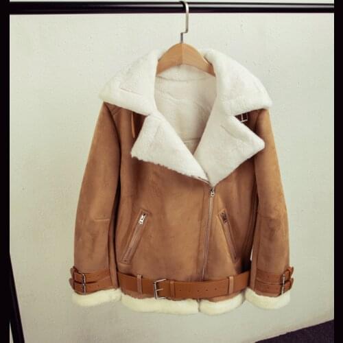 2020 winter women thick warm shearling coats lapel loose faux lamb wool moto biker jackets suede leather oversize outerwear A184