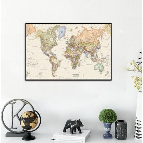 80*60cm The World Political Map with Details Vintage Canvas Painting Wall Art Poster School Supplies Living Room Home Decoration