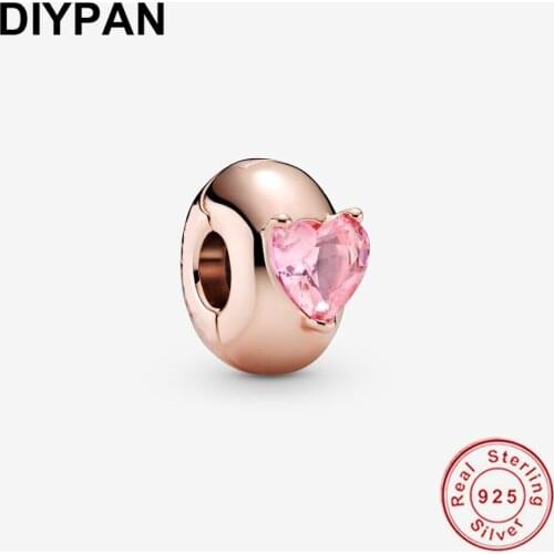 925 Sterling Silver Pink Heart Solitaire Clip Charm Fit Original Pandora Bracelet Charm Beads DIY Jewelry Berloque
